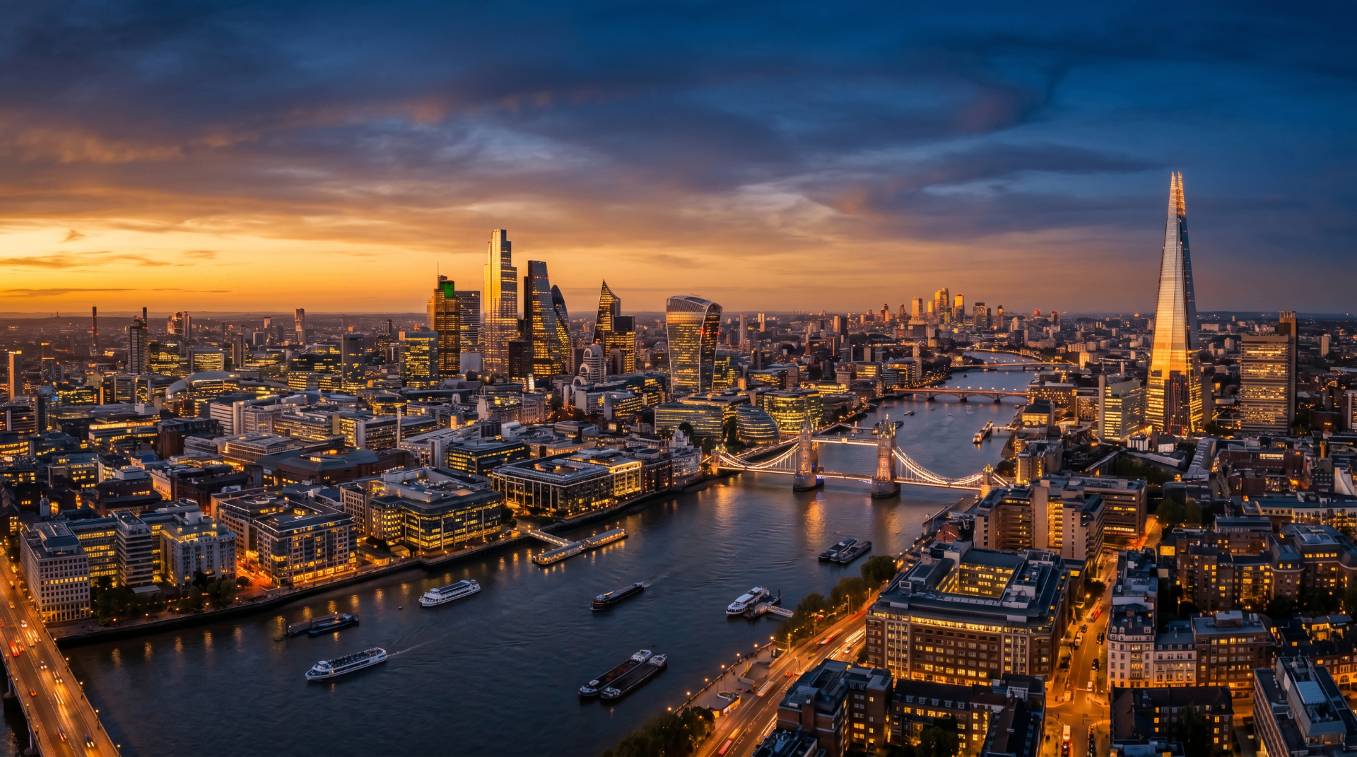 London skyline at dusk over the River Thames with Tower Bridge and the City of London — host city of the UK Medical Cannabis Investment Summit 2027